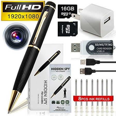 minicute HD 1080p Hidden Camera Spy Pen Bundle with 16Gb C10 Micro SD Card, 8 Ink Fills, Card Adapter and Card