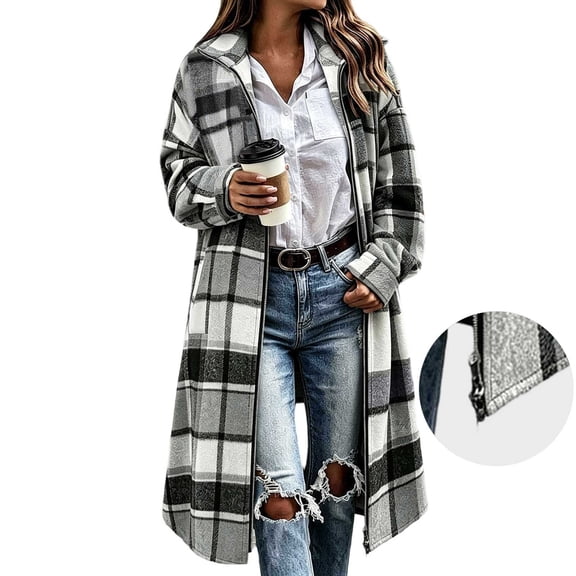 Sevevn Women Oversized Long Plaid Woolen Shacket Lapel Collar Zip Button Up Long Sleeve Coat Hand Pockets Streetwear Outerwear