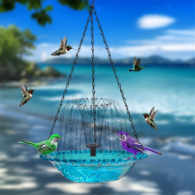 Hanging Bird Bath with Solar Fountain Solar Bird Bath Fountains Hanging Bird Baths for Outdoors Pink