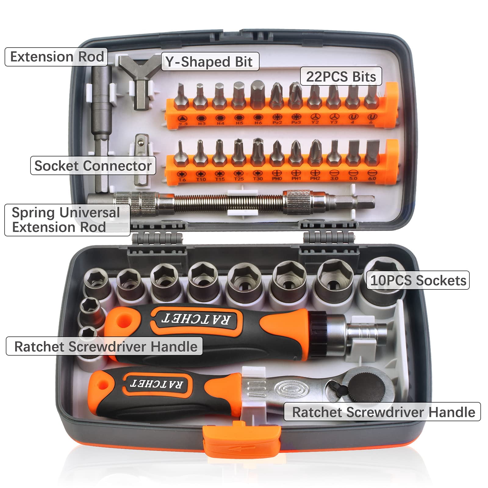 ETEPON 38 in 1 Ratchet Screwdriver Set with Sockets, Magnetic Tips, Rotating Handle, Universal Joint & Storage Case for Electronics, Car, Bike Repair