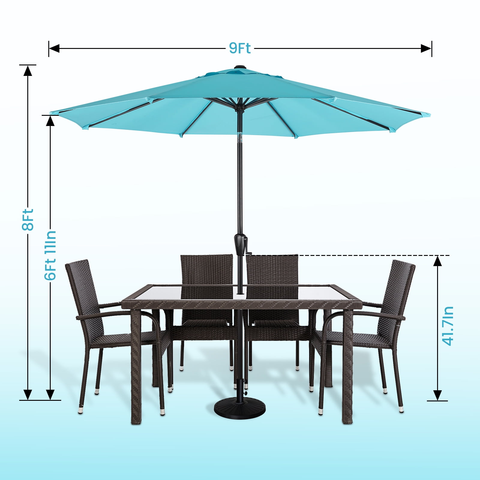 Sun-Ray 9 FT Patio Umbrella w/ Push Button Tilt and Crank Outdoor Umbrella, 8 Sturdy Ribs, UV Protection, Solution-Dyed Fabric, Aqua