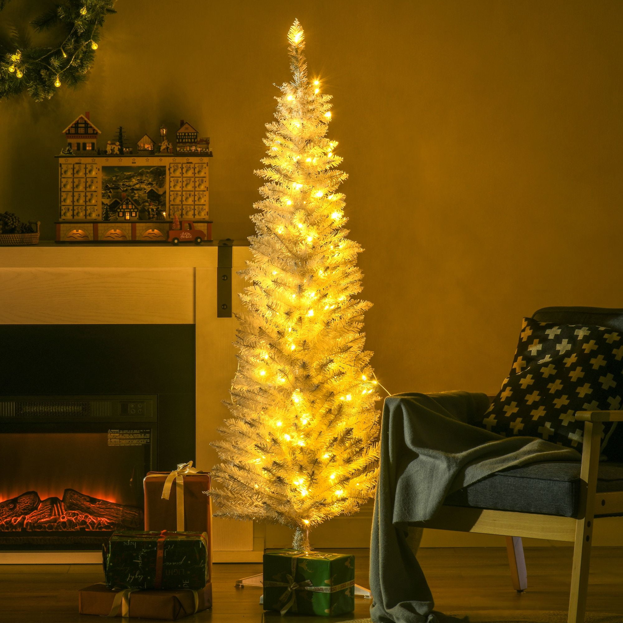 Pencil Christmas Tree, 5 ft Slim Artificial Tree with 110 Warm White LED Lights, 294 Tips, Indoor Holiday Decor for Small Spaces