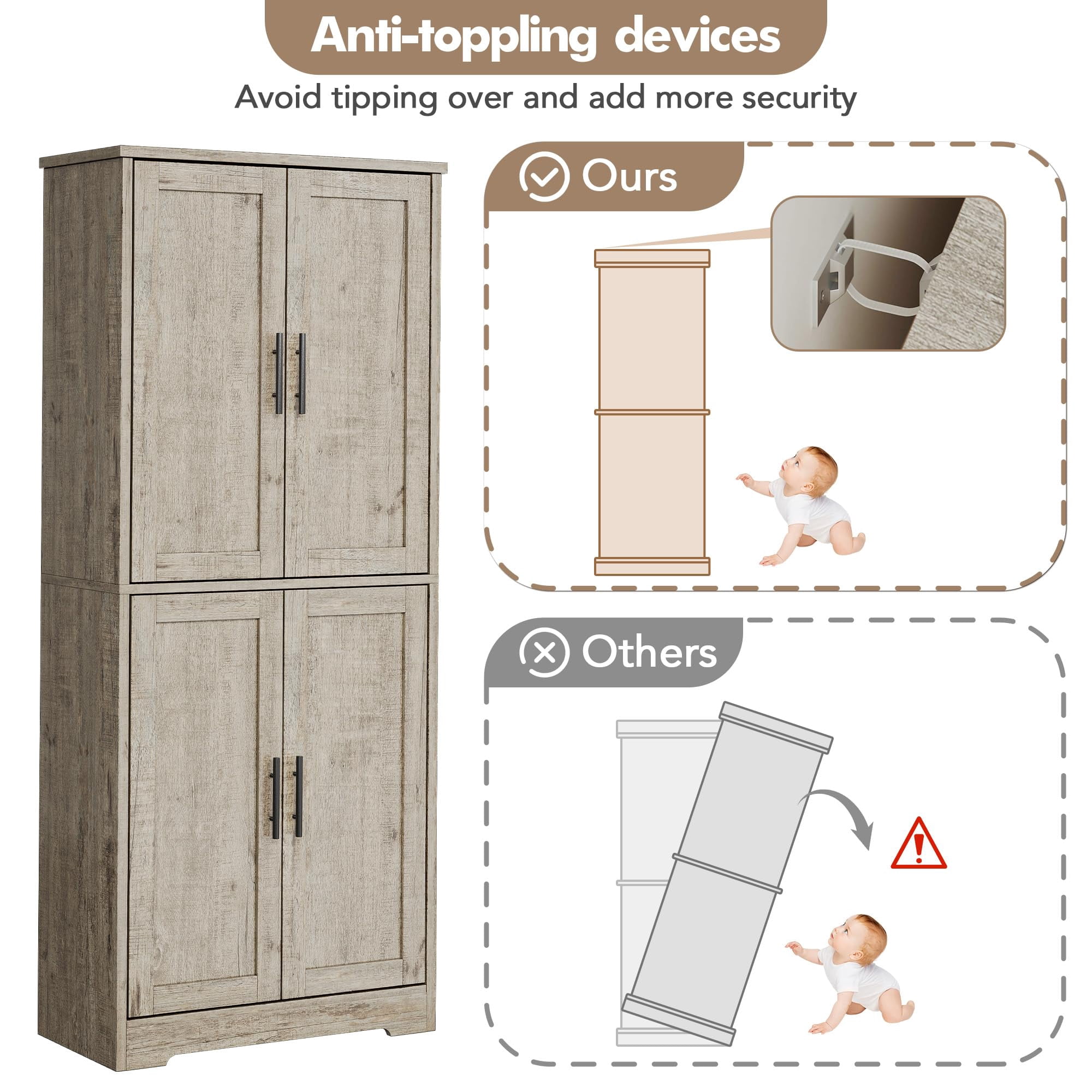 70" Kitchen Pantry Cabinet, Freestanding Storage Cabinet with 4 Doors and Shelves, Tall Large Wood Storage Cabinet for Bathroom, Dining Room