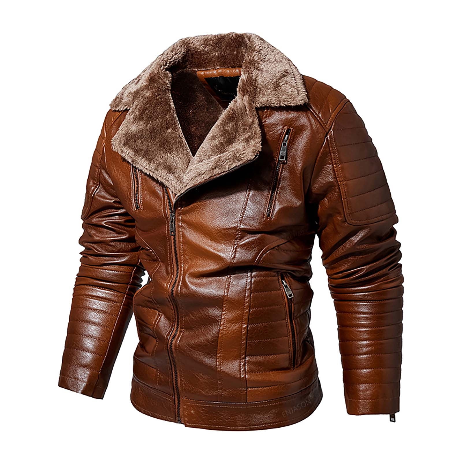 IROINNID Men's Faux Leather V-Neck Notch Lapel Long Sleeve Solid Color Loose Autumn And Winter Fleece Jacket