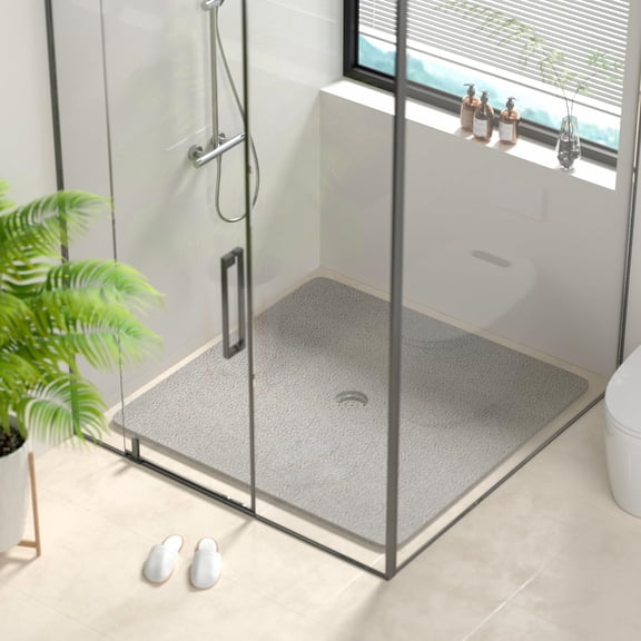 40 x 40 in Square Shower Mat, Non-Slip PVC Loofah Bath Mat for Shower or Tub, Soft Bathroom Stall Floor Mat with Drain Holes, Quick Dry Bathroom Mat Without Suction Cups, Gray
