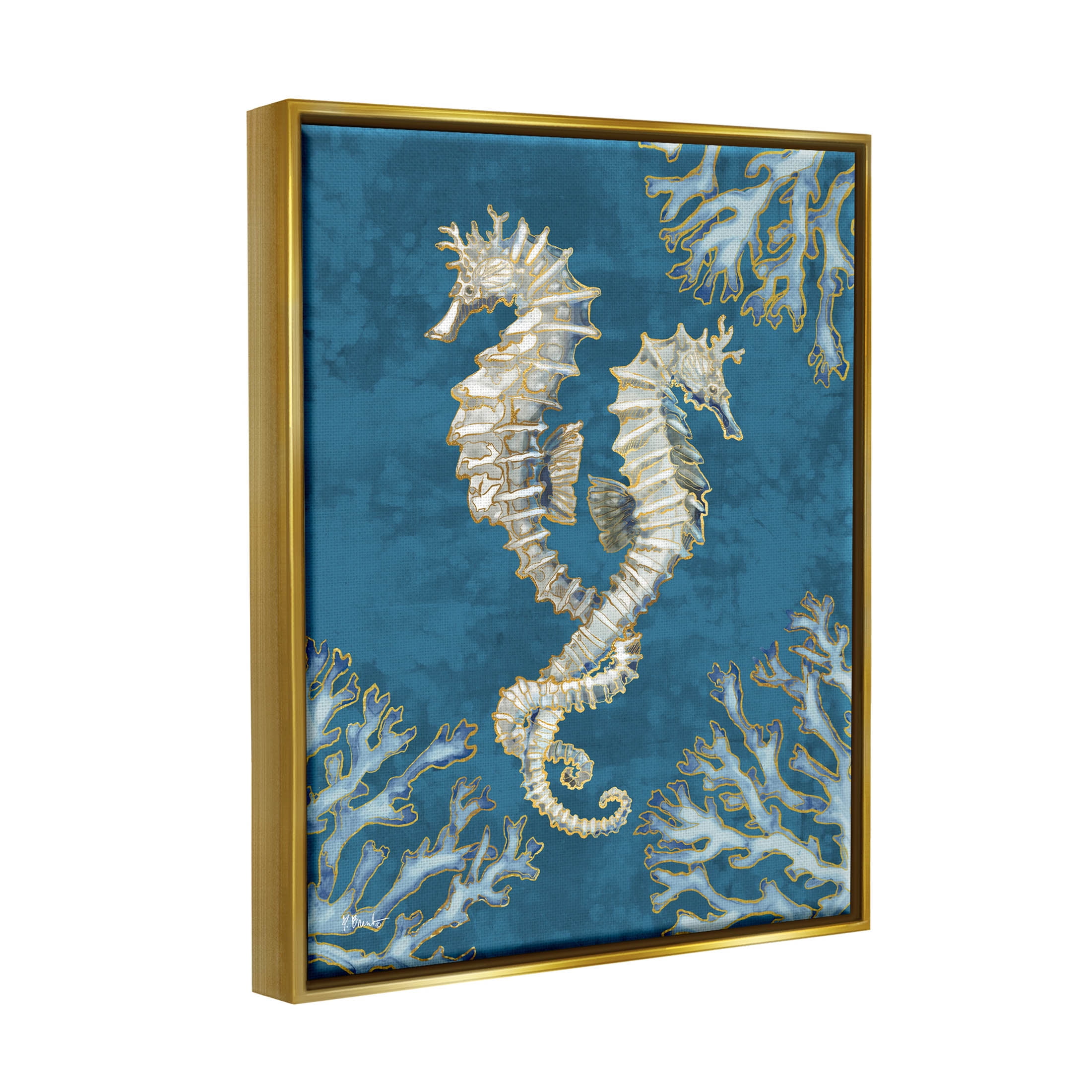 Stupell Industries Intertwined Seahorses Playa Sealife Graphic Art Metallic Gold Floating Framed Canvas Print Wall Art, Design by Paul Brent