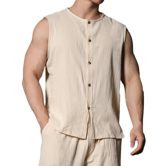 EOYWHK Cotton and Linen Shirts for Men Summer Lightweight Sleeveless Tank Button Down Stand Collar Blouse