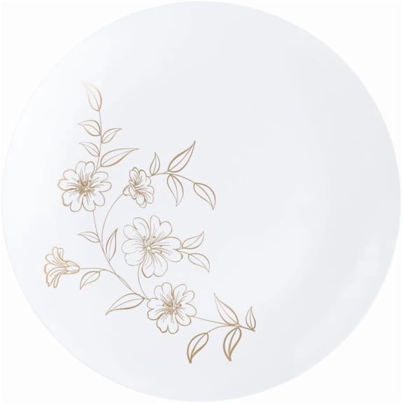 (10 PACK) EcoQuality 10" inch Round White Plastic Plates with Gold Primrose Design - Disposable China Like Party Plates, Heavy Duty Dinner Plates, Charger Plate, Dinners, Wedding, Serveware