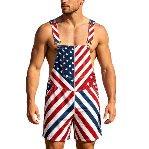 American Flag Overalls for Men Loose Fit Patriotic Bib Jumpsuit Shorts USA Print Casual Summer Festival Clothing for Independence Day Outdoor Activities