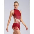thumbnail image 4 of Yeahdor Women Shiny Rhinestone Fringe Latin Dance Competition Leotard Bodysuit Ballroom Dancing Dress Burgundy M, 4 of 7
