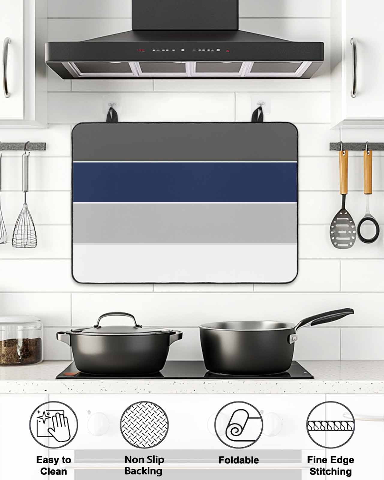 Stove Top Covers for Electric Stove, Navy Blue Grey Striped Glass Stovetop Cover Protector, Farmhouse Modern Induction Cooktop Protector Oven Mat for Kitchen Countertop 36"x21"