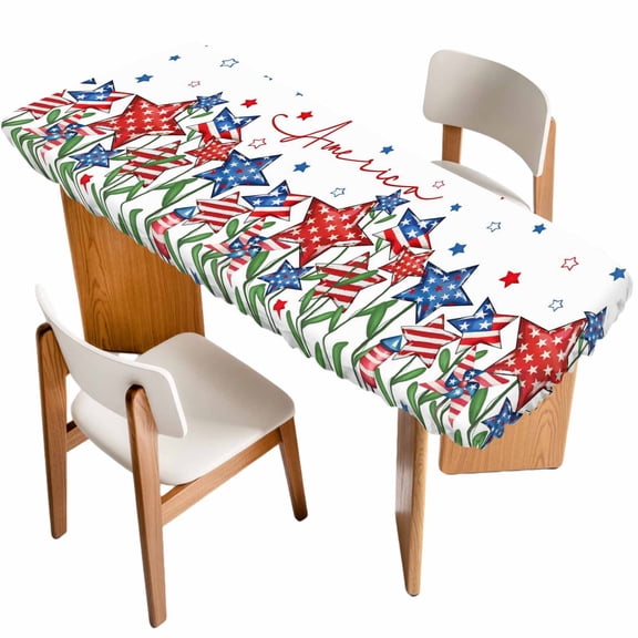 Independence Day Table Cloths for 8 Foot Rectangle Tables, 4th of July Red Blue Stars Patriotic Patio Waterproof Elastic Fitted Tablecloths, Washable Rectangular Table Cover for Camping