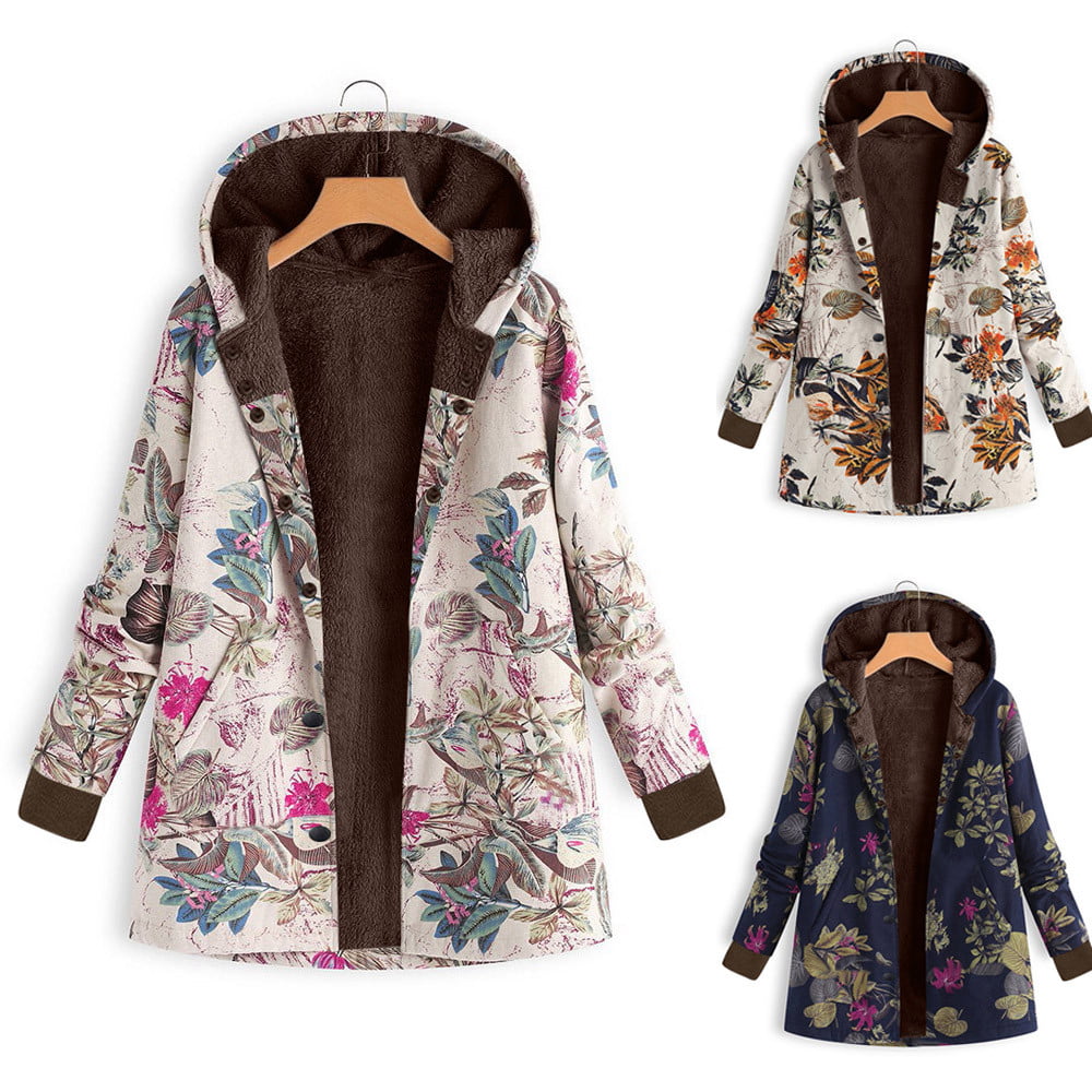 Womens Winter Warm Outwear Floral Print Hooded Pockets Vintage Coats Oversize 