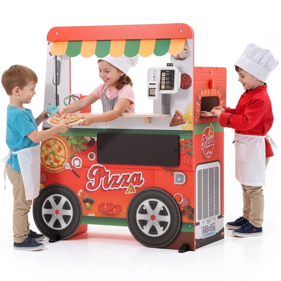 iYofe Wooden Food Truck Toy, Pizza Play Set Pretend Kitchen with Light Sound Oven and Credit Card Machine, Ice Cream Cart, Dramatic Play Center for Classroom for Boys Girl 3