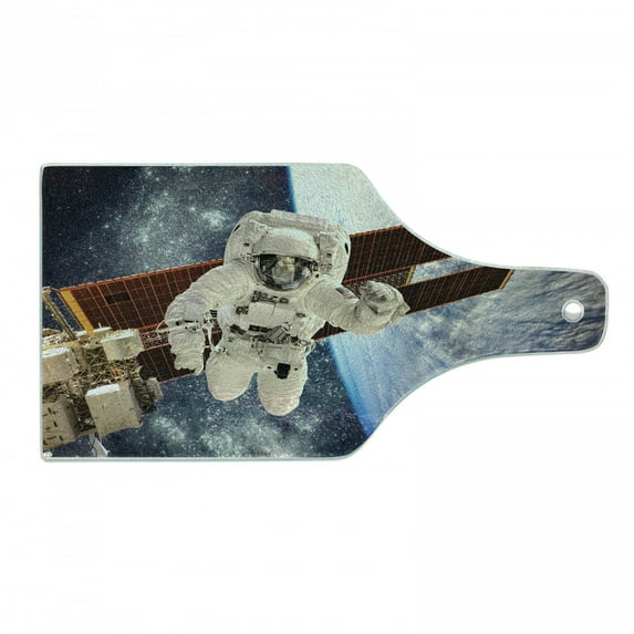 Outer Space Cutting Board, International Station Global Communication Orbiting over the Earth Rocket Photo, Tempered Glass Cutting and Serving Board, Wine Bottle Shape, Multicolor, by Ambesonne