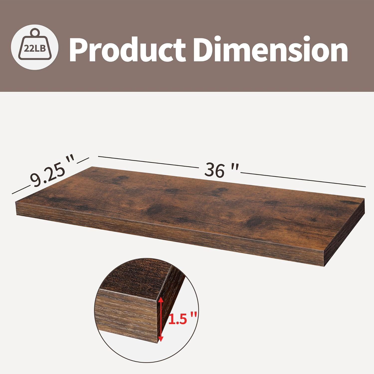 Floating Shelves, 36 Inch Wall Shelf Set of 2, Hanging Shelf with Invisible Brackets, Wall Decor for Bathroom, Bedroom, Living Room, Kitchen Storage, Rustic Brown