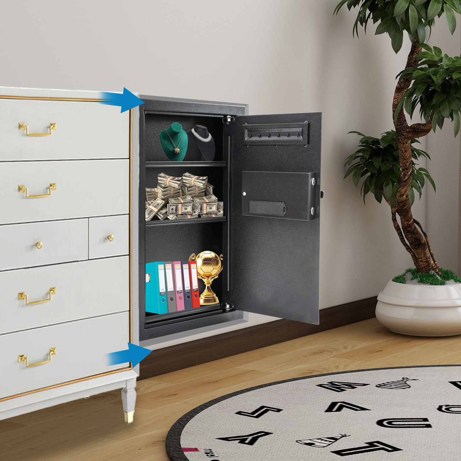 37*10*65cm Modern Wall Safe Steel Wall-mounted Safe w/ Keys, Hidden Wall Safe Black for Bedrooms, Studies