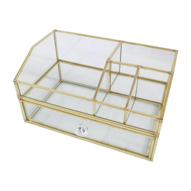 Joyería baratija caja de cristal ornamentado pendientes caja de cristal y marco dorado caja decorativa mostrador caja de