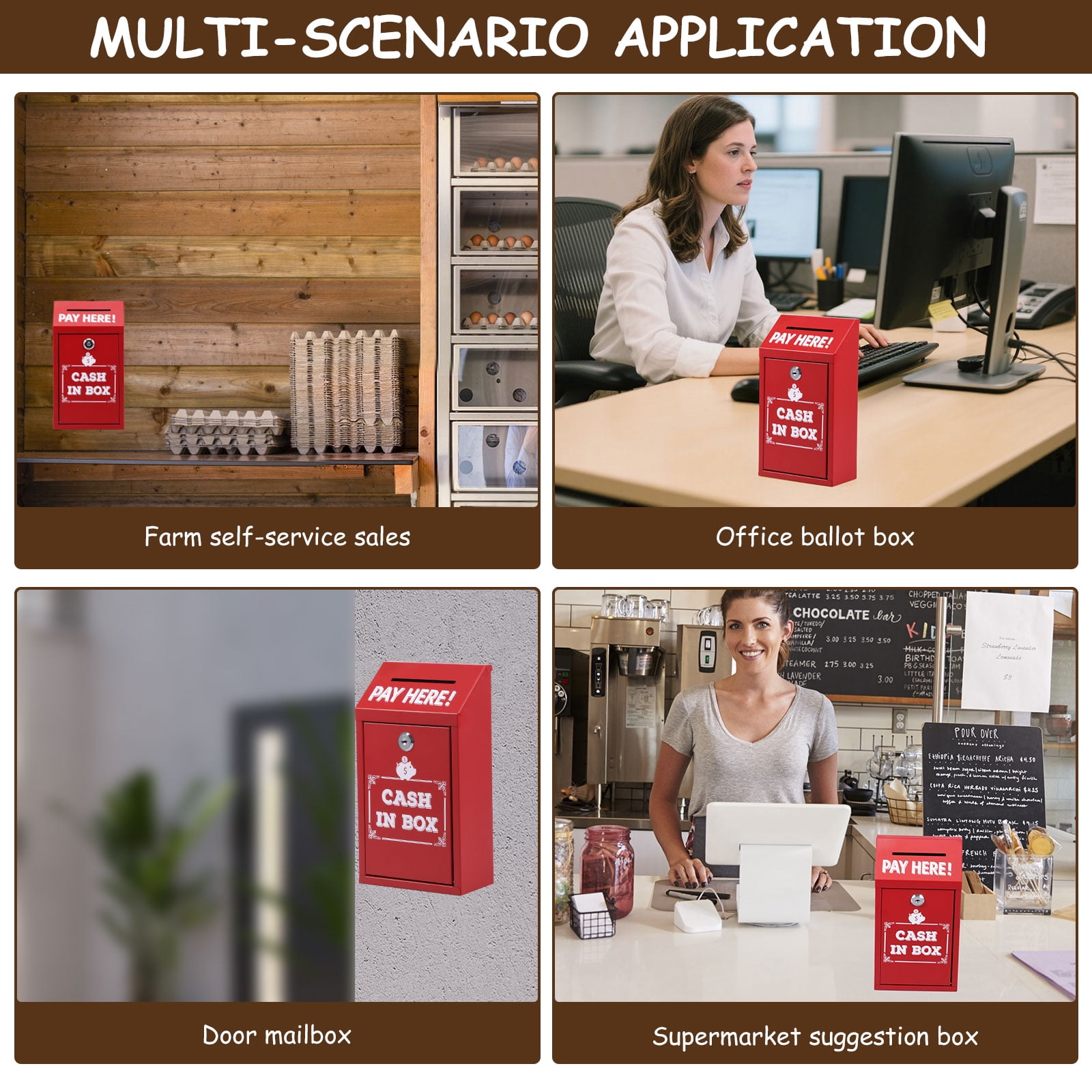 Metal Donation Box with Key Lock Rustproof Cash Drop Box with Top Slot Wall Mounted with 2 keys for Business Home Office Outdoor