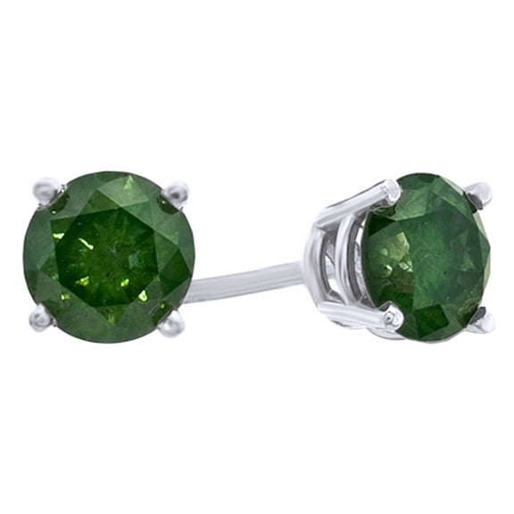AFFY Green Diamond Solitaire Stud Earrings in 14k White Gold (1 Cttw)