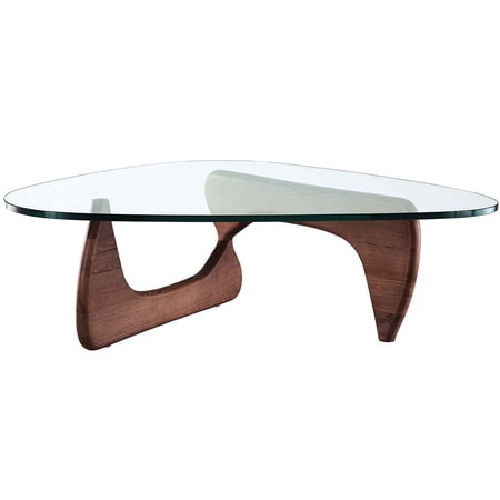 Modern Triangle Coffee Table With Tempered Glass Top In Walnut Finish