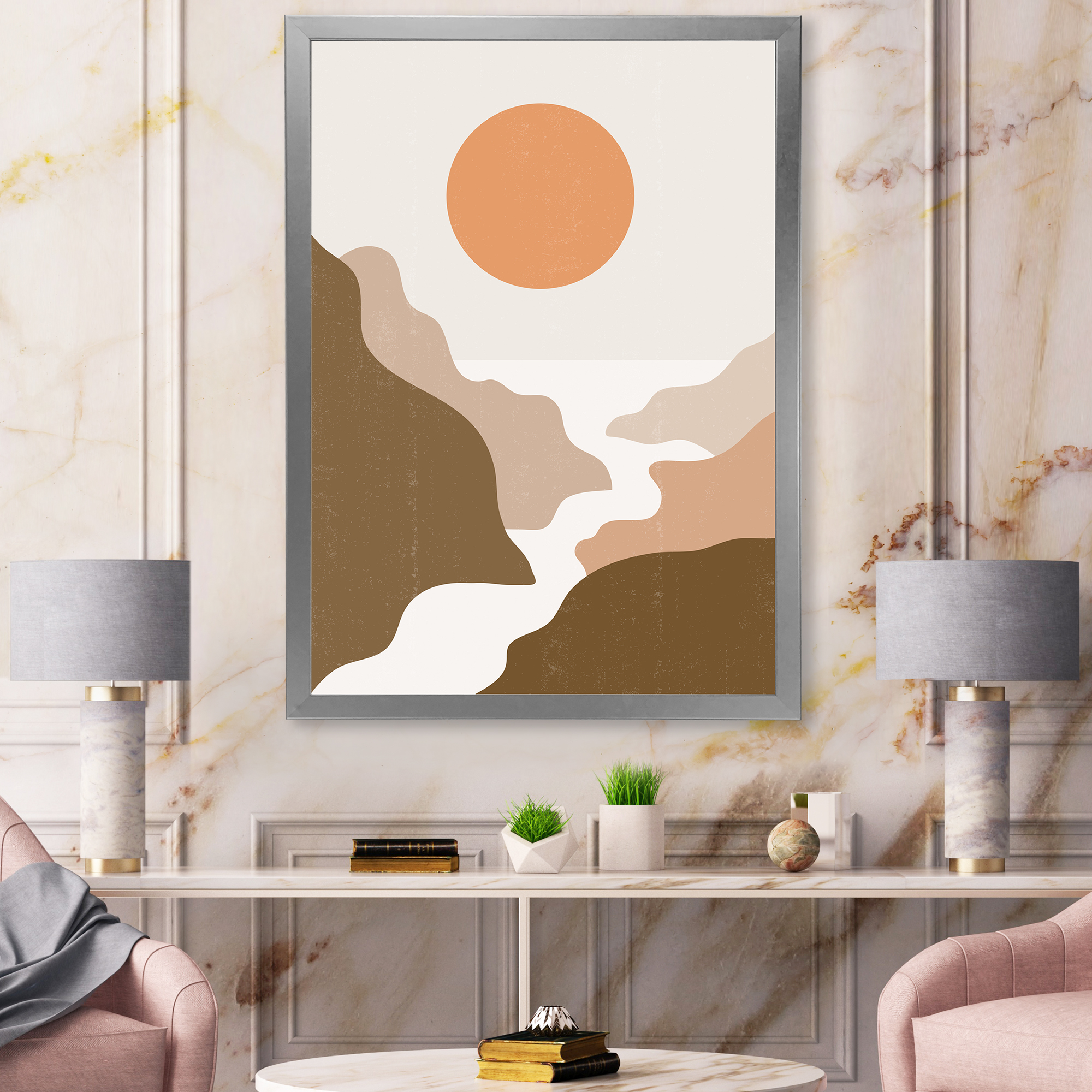 Designart 'Full Moon In Terracotta Tones Mountains' Modern Framed Art Print