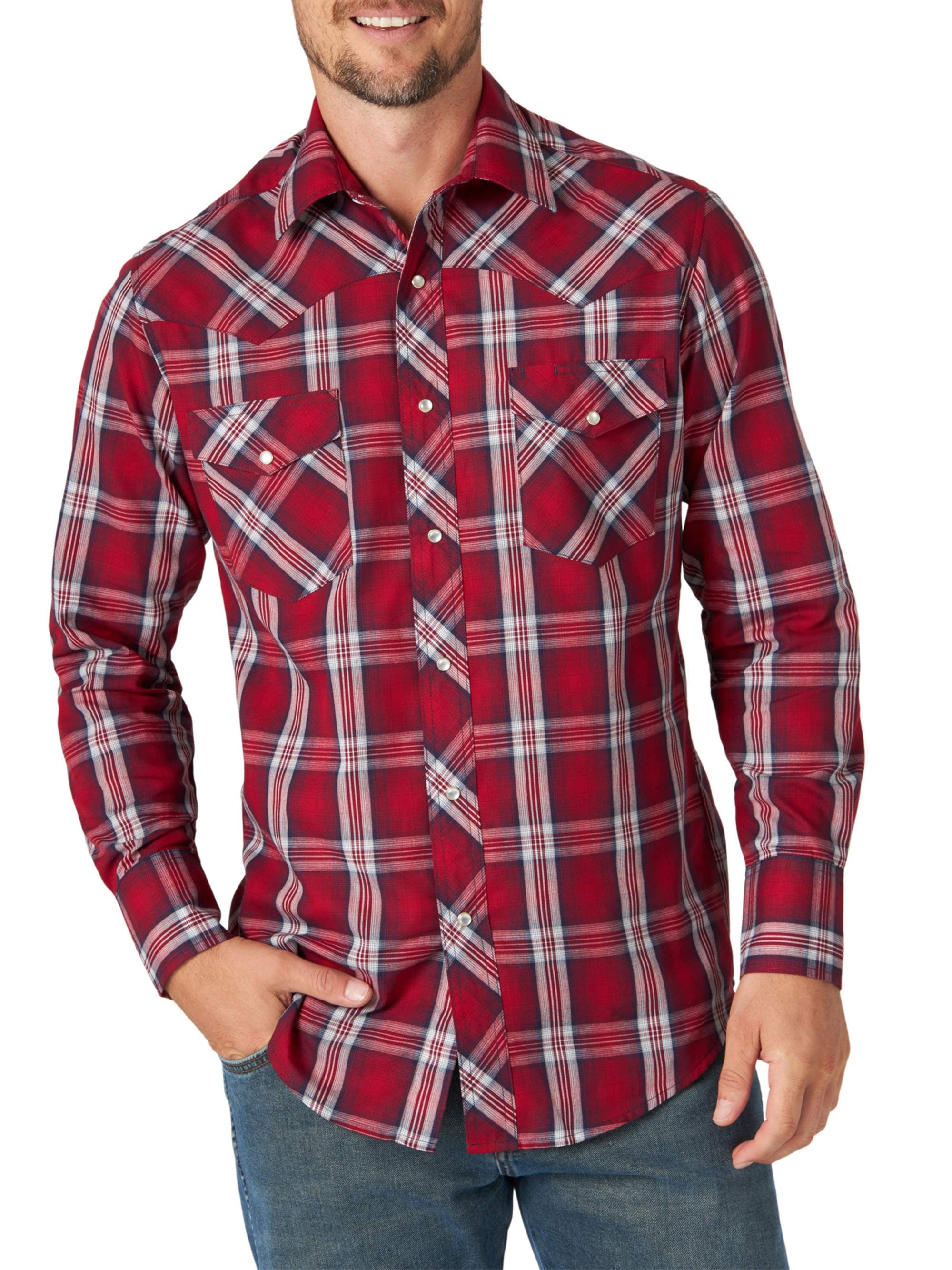 Clothing Men Wrangler Mens Red & Navy Plaid Long Sleeve Western Shirt timberlinetours.com
