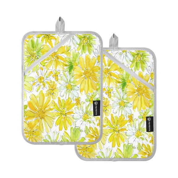 2 Pack Pot Holders for Kitchen Heat Resistant Hot Pads Sets for Cooking Baking Yellow Daisy Pattern