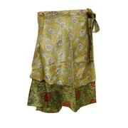 Mogul Women's Magic Wrap Around Skirt Reversible Silk Sari 2 Layer Green Resort Wear Cover Up Mini Skirts