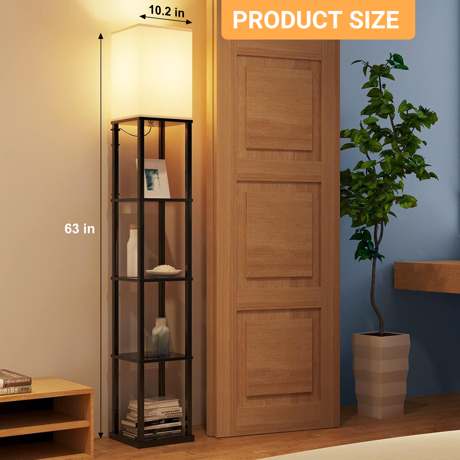 Foukus 63" Floor Lamp with 3-Tier Shelves, Black photo 3
