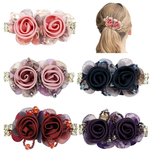5 Pack Glitter Sparkly Rhinestone Metal French Barrettes with Rose Flower Floral Alligator Snap Hair Clips Accessories for Women Girls
