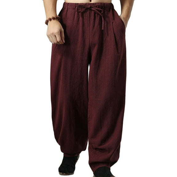 IROINNID Harem Pants for Men Reduced Wide Leg Cotton Linen Oversized Loose Fit Pants Bloomers Casual Pants,Red