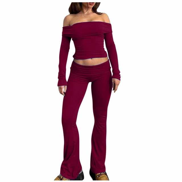 Penkiiy Ensemble 2 Pcs pour Femmes Haut Court à Manches Longues et Pantalon Évasé TG Vin