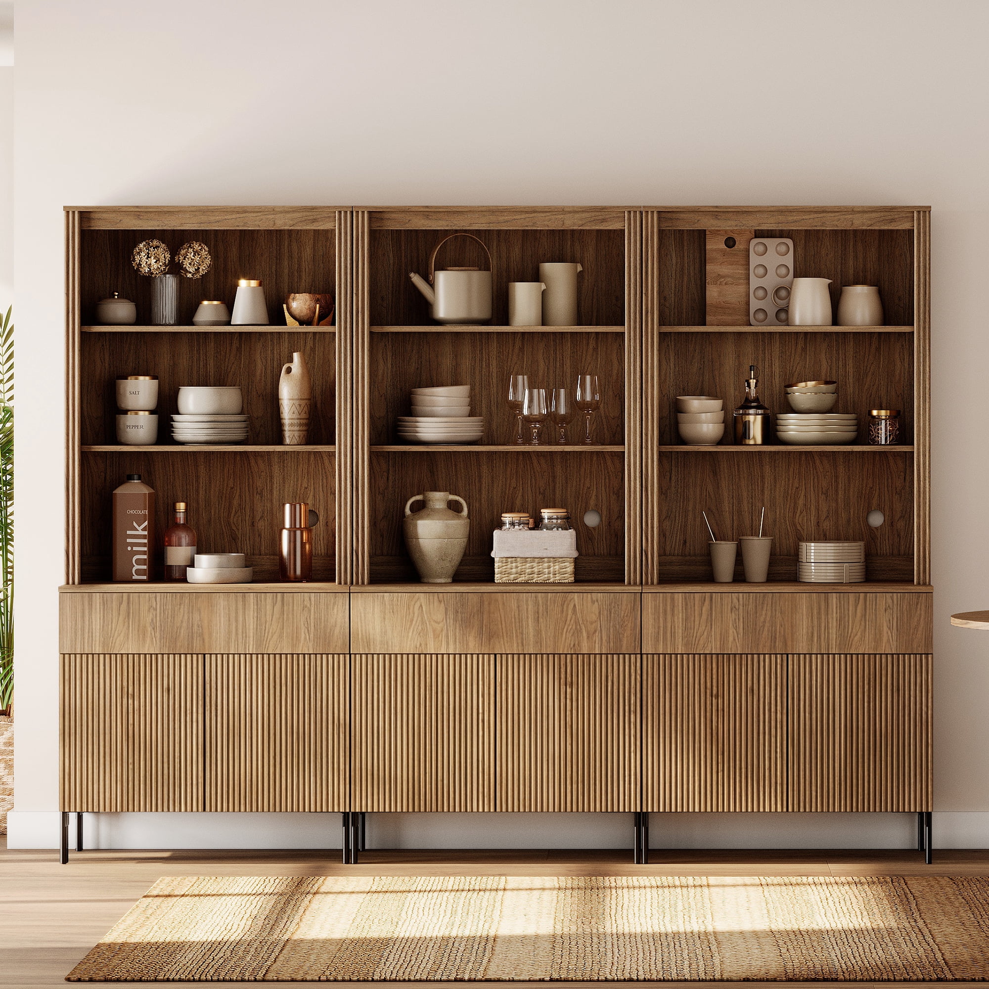 71.6"H X 94.5"W Set Of 3 Bookcase with Storage Cabinets, 15 Tier Bookshelf with Fluted Doors and Drawers, Large Modern Display Cabinet For Living Room Bedroom Home Office Kitchen