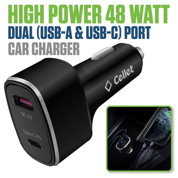 Cellet 48W Fast Dual Port USB-C/USB-A Car Charger Adapter for iPhone & Android