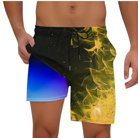 LIBRCLO Mens Swim Trunks with Liner 2 in 1 Quick Dry Flame Printing Board Shorts Elastic Waist Drawstring Lightweight Breathable Summer Hawaii Beach Shorts Yellow M