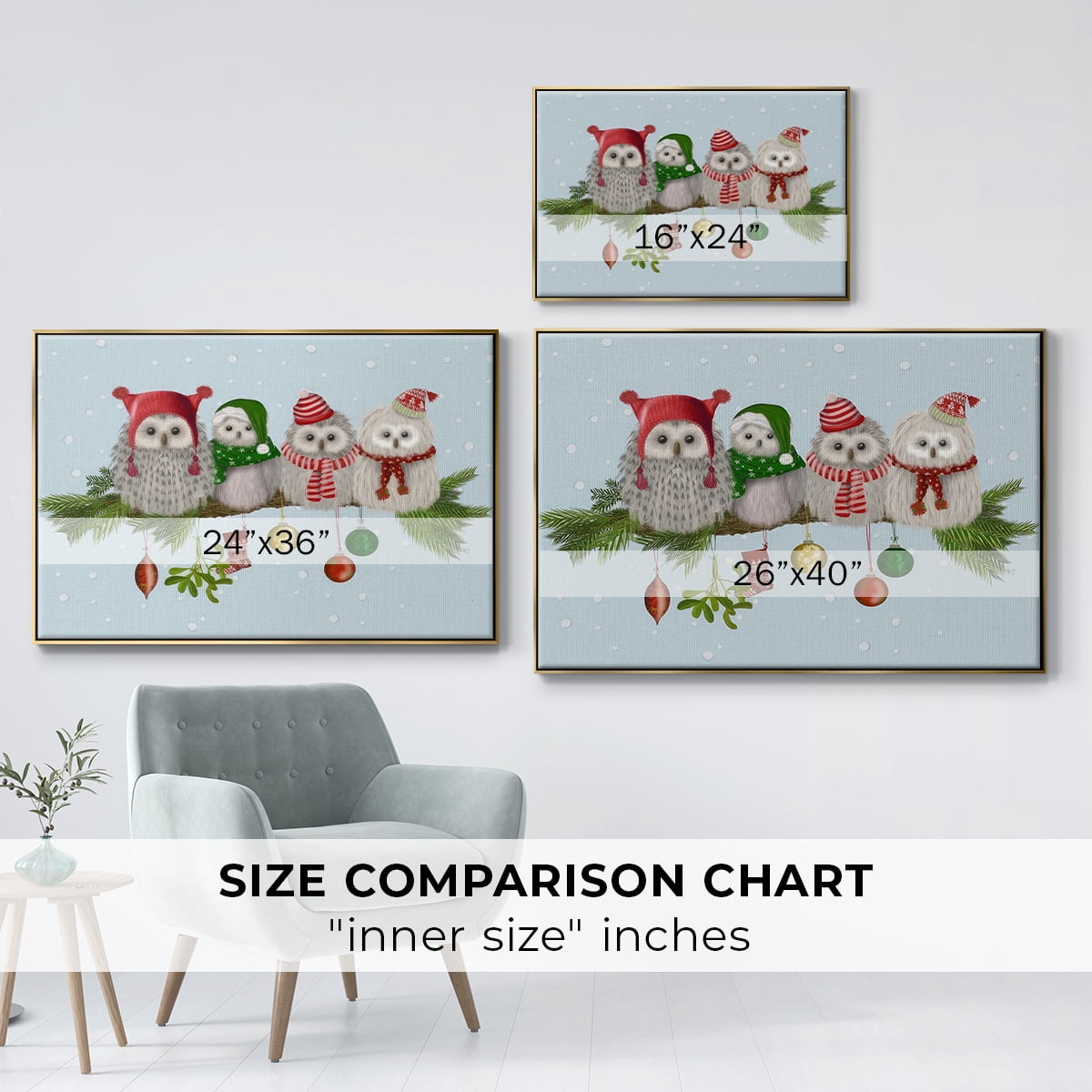 Christmas Fluffy Christmas Owls on Branch - Framed Gallery Wrapped Holiday Canvas - 27 x 41 - Gold Frame