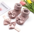 thumbnail image 4 of Xinhuaya 0-12M 2 PCS/Set Baby Girl Socks Headband Set, Bow Anti-Slip Cotton Ankle Socks with Elastic Headband Gift Set for Newborn, 4 of 5