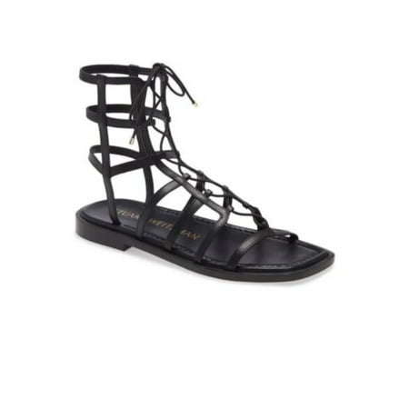 

STUART WEITZMAN Womens Black Padded Strappy Kora Square Toe Block Heel Lace-Up Leather Gladiator Sandles 5 B