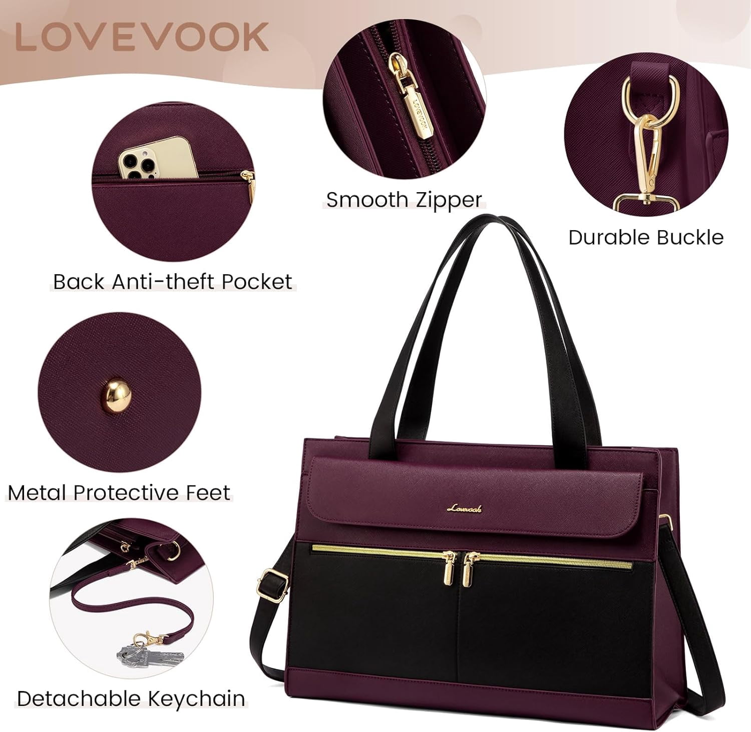 LOVEVOOK Laptop Bag for Women 15.6 Inch Tote Work Professional Leather Computer Briefcase Waterproof Handbag Shoulder Large Capacity Business Teacher Office Crossbody Purse
