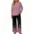 thumbnail image 5 of Womens Lounge Sets 2 Piece Vacation Outfits Button V Neck 3/4 Sleeve Top and Palazzo Pants Suit Elegant Beach Wear, 5 of 7