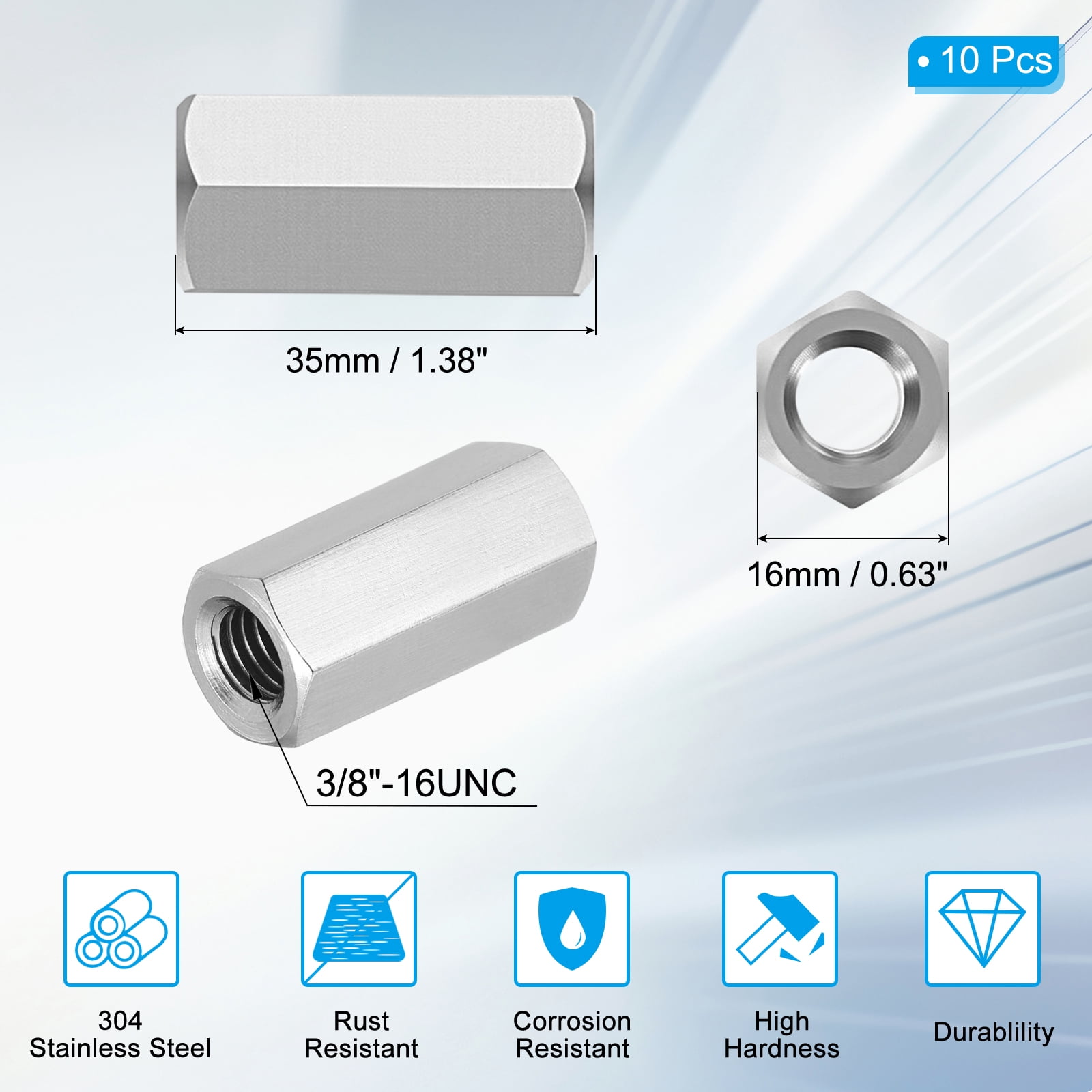 Uxcell 3/8"-16 UNC 304 Stainless Steel Hex Coupling Nuts, 10Pcs 1.4" Length Fully Threaded Rod Coupling Nut Studding Connector Fasteners, Silver Tone