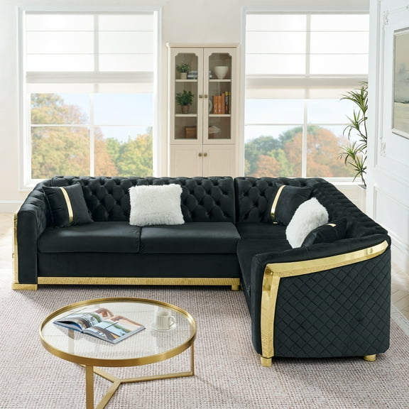 106 Inches L-Shaped Chesterfield Sectional Sofa Set with Gold Stainless Steel Accents, Velvet Button Tufted Sofa with 5 Pillows Luxury Couch for Living Room, Black