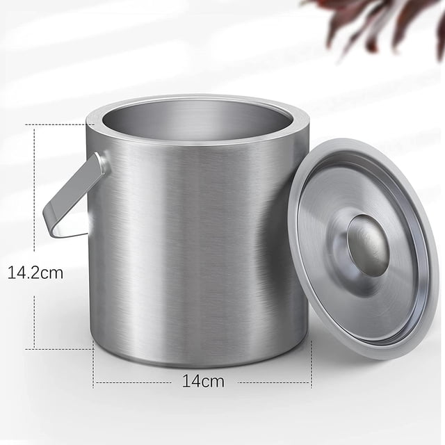 Cubitera aislante con pinzas para cubitos de hielo y tapa de acero inoxidable, cubeta para champán de 1,3 L, 14 x 16 cm (Ø x H) - para champán, enfriador