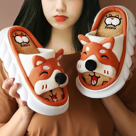 

CoCopeanut Linen Slippers For Men Women Cute Husky Thick Bottom Indoor Couple Slides Home Shoes Non-Slip Spring Autumn Cotton Linen Sandals