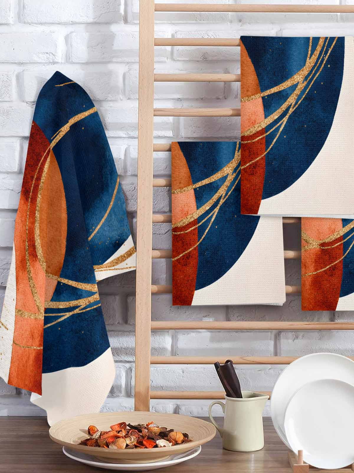 Navy Blue Burnt Orange Hand Towels Set, Waffle Weave Kitchen Towels 2 Pieces, Boho Art Modern Geometric Microfiber Hair Face Bath Tea Towel Absorbent Quick Drying Cleaning Dish Cloths 15.7"x23.6"