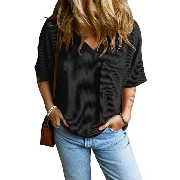 Women's Black Corded V-Neck Loose T-shirt with Chest Pocket