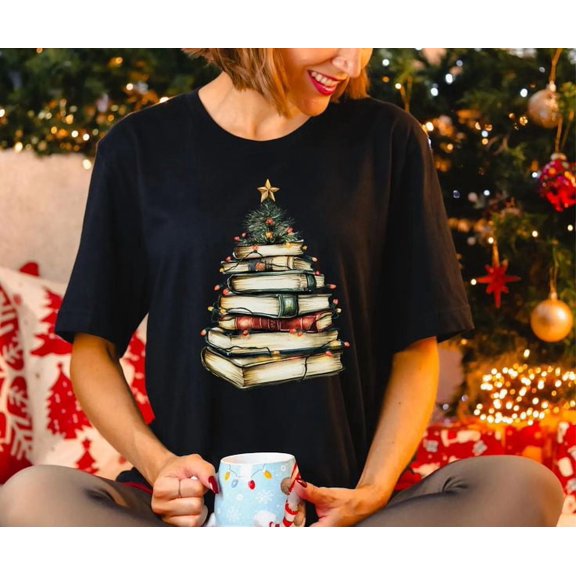 Christmas Books Tree Shirt, Book Lovers Christmas Gift T-Shirt, Sizes S-5XL - Gategoo