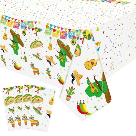 

LSJDEER 4 Pack Cinco De Mayo Printed Plastic Fiesta Mexican Tablecover 86 x 51 inches ( 220 x 130cm ) for Fiesta Taco Night Birthday and Mexican Themed Party Tablecloth Supplies (4 PCS)
