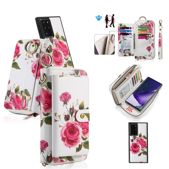 Multifunctional Wallet Case For Samsung Galaxy Note 20 with RFID Blocking Card Slots,Detachable Purse Soft PU Leather Magnetic Snap Hand Strap Zipper Pocket Cute Flower Case with Carabiners,White